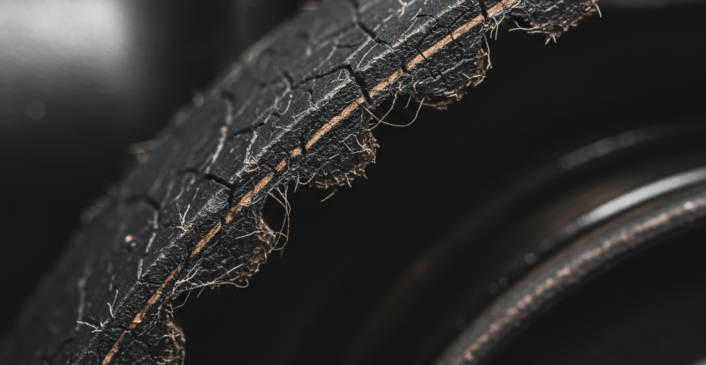 Detalhe de correia dentada desgastada e ressecada com rachaduras visíveis na borracha.