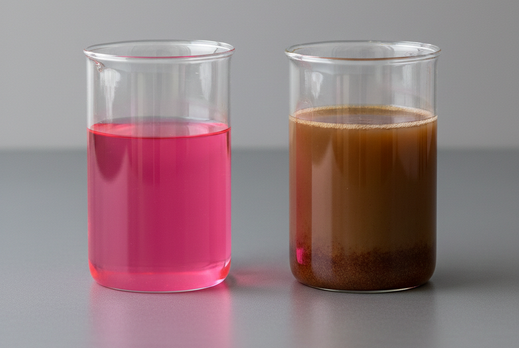 Comparação entre líquido de arrefecimento rosa translúcido e água de radiador marrom contaminada em béqueres de laboratório.