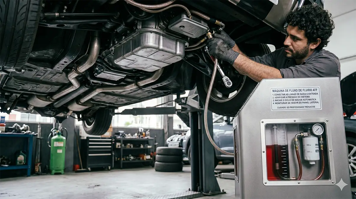 Técnico inserindo óleo lubrificante de alta performance utilizando funil e mantendo a proteção da carroceria do veículo na DrexCar em Florianópolis.